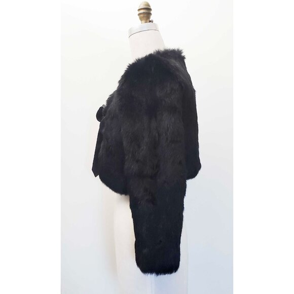 Vintage Y2K BEBE Black 100% Rabbit Fur Silk Bow Crop Bolero Shawl Jacket S - Picture 7 of 10